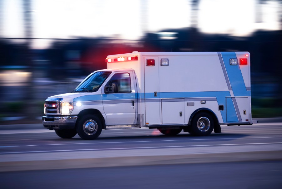 An ambulance with its lights on