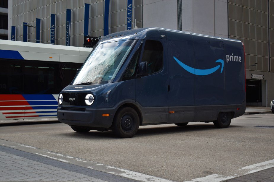 An Amazon truck in the city