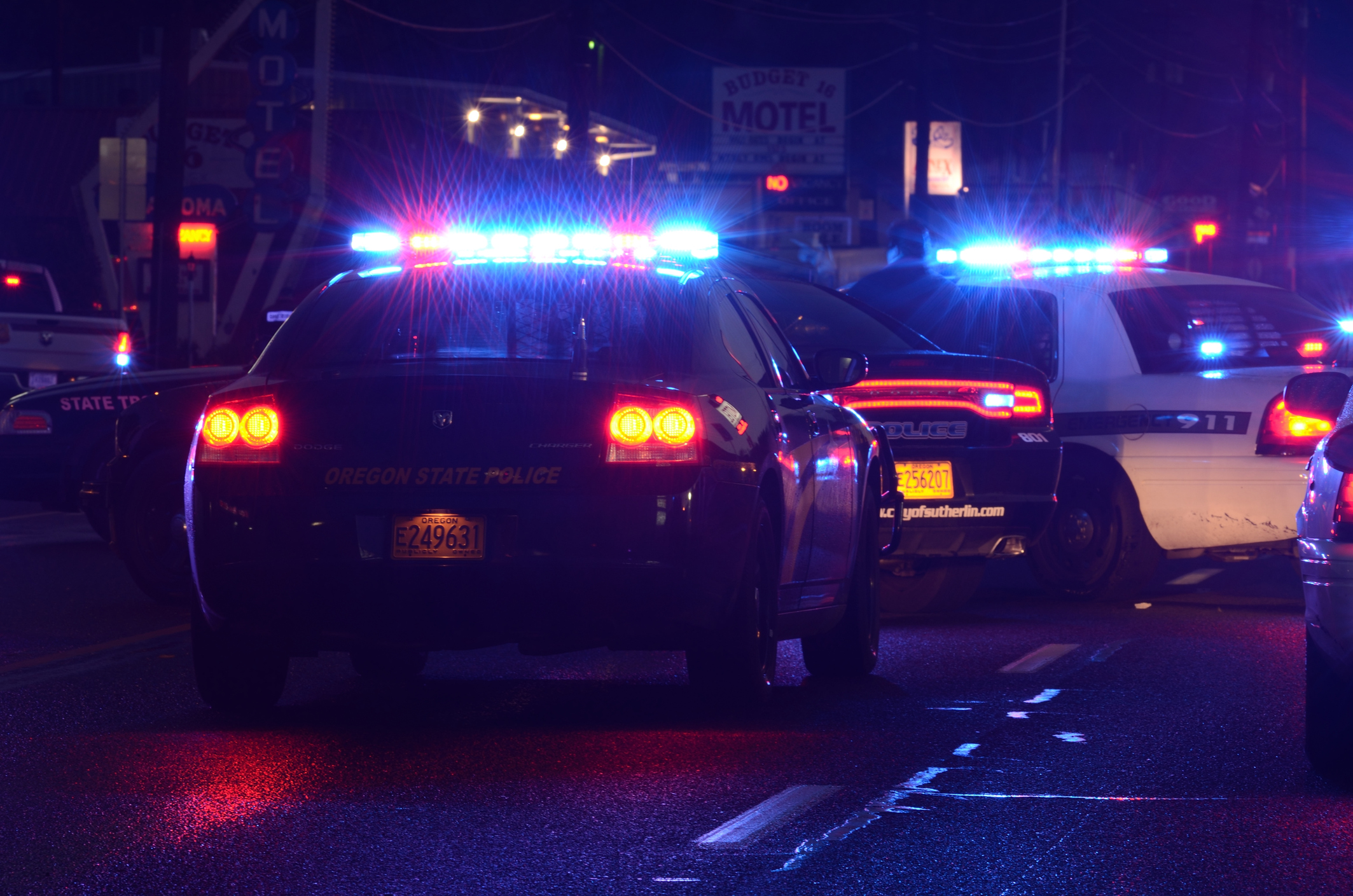 Police cars with their lights on