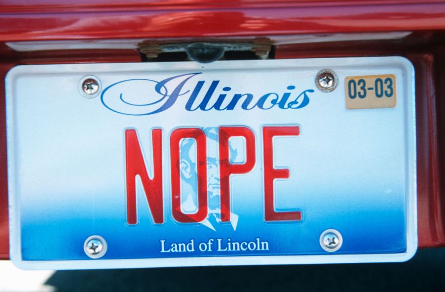 Illinois vanity plates spelling "NOPE."