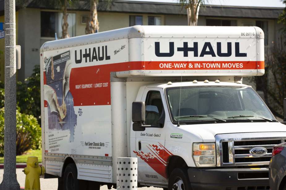 A U-Haul vehicle parked in close right front angle view
