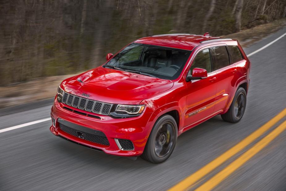 A red 2021 Jeep Grand Cherokee Trackhawk