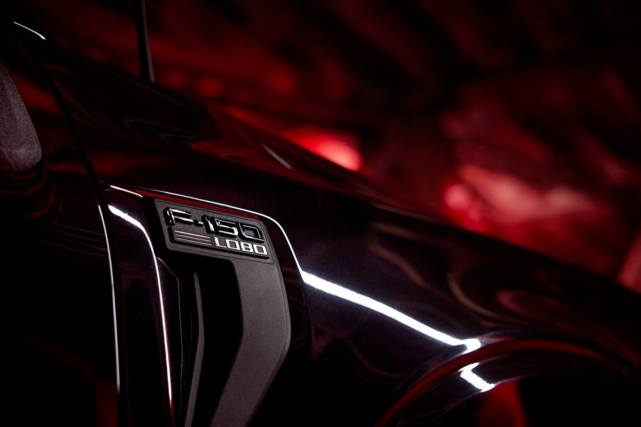 The hood badge on a 2025 Ford F-150 Lobo truck