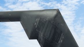 One of the United States' 19 known B-2 Stealth Bombers, the 'Spirit of New York,' as it flies overhead.