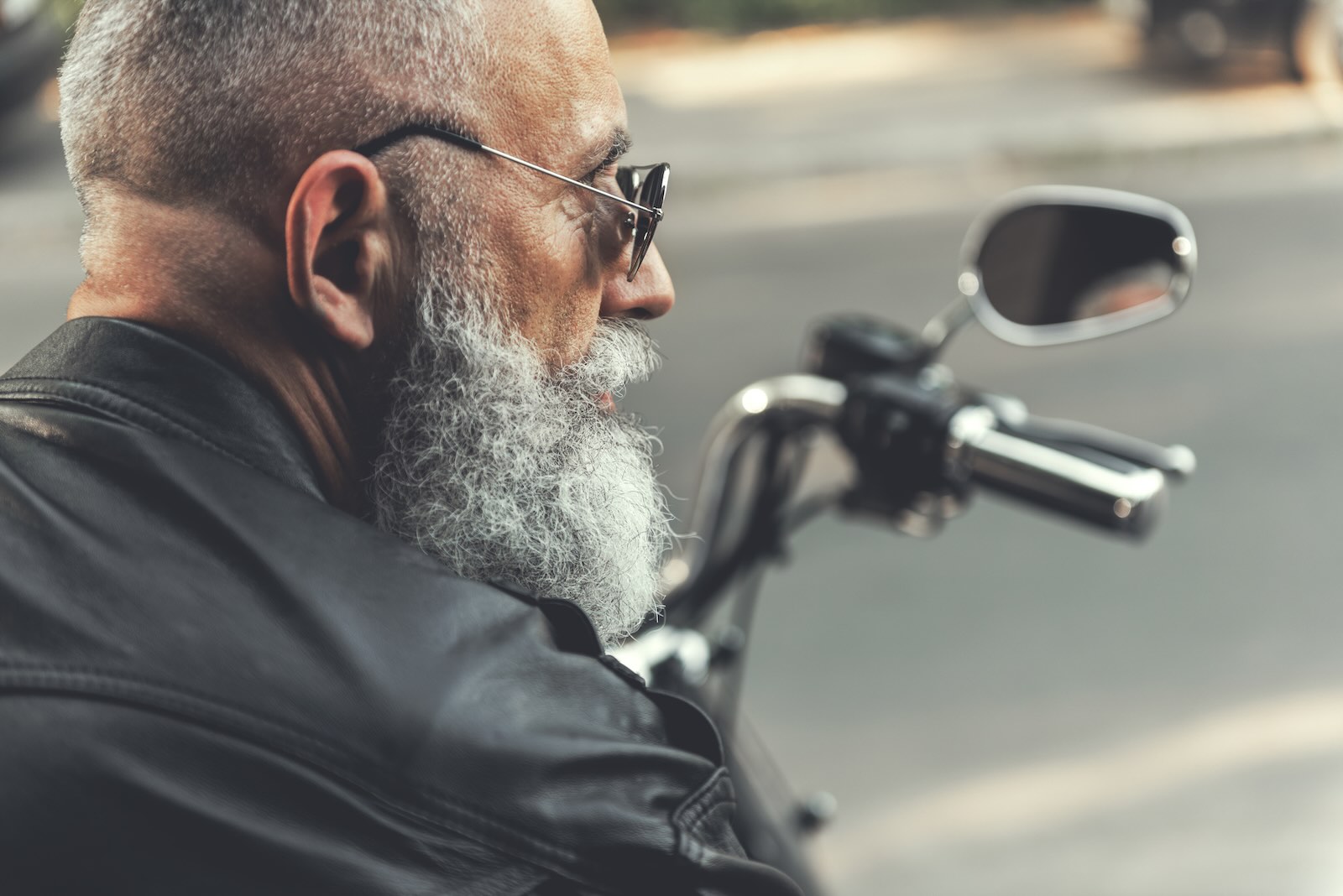 Gray-bearded motorcycle rider in Idaho.