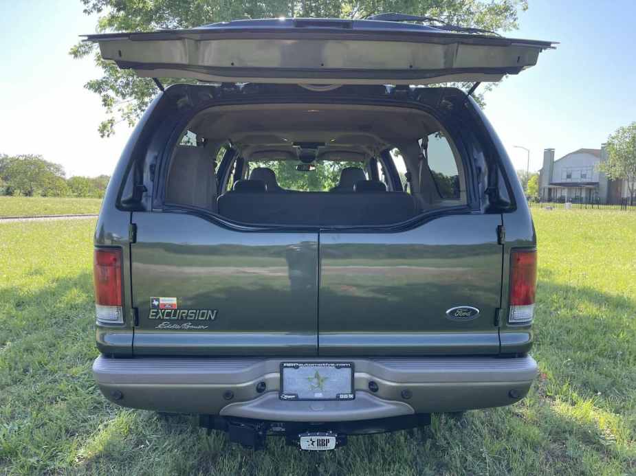The back hatch open in a 2003 Ford Excursion Power Stroke SUV