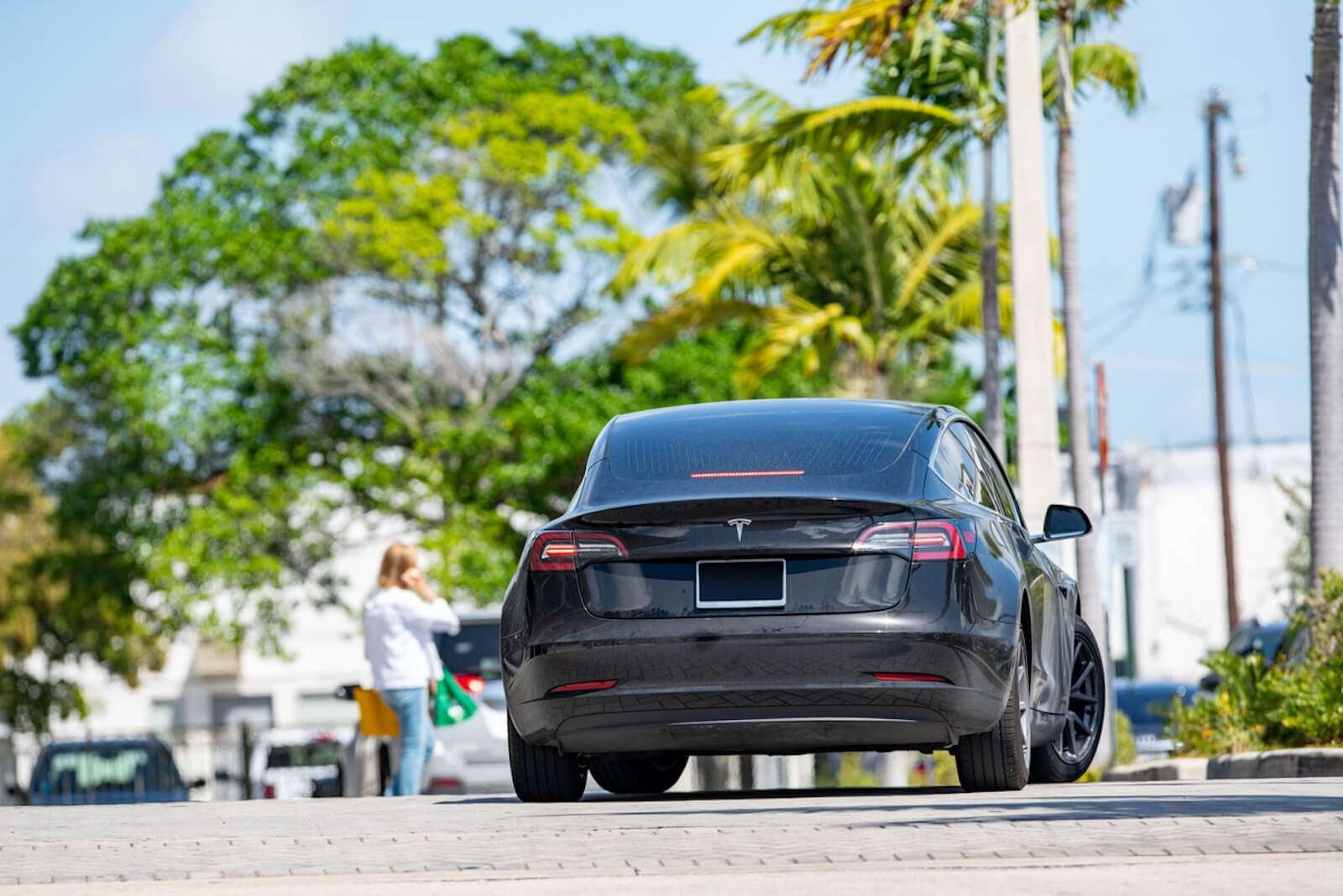 A Tesla Model 3 in Florida, like the one a man drove through a restaurant to 'charge up.'