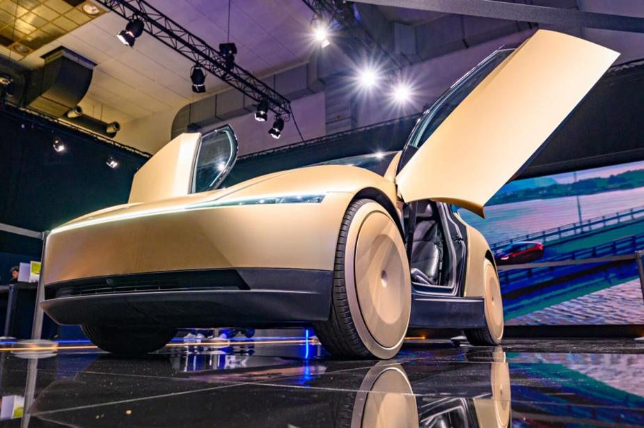 A Tesla Robotaxi at an event before the self-driving cab's Austin rollout.