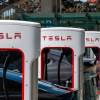 A row of Tesla Superchargers, like the ones the New Jersey Turnpike Authority will remove.