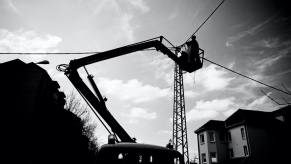 A bucket truck like the one that a semi-truck recently struck on video.