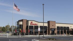 A Chick-fil-A restaurant exterior and drive-thru