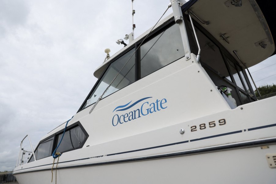 A boat branded with the OceanGate logo, photo taken while rescue crews attempted to locate the missing Titan submersible in 2023