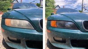 Left: dark green 1999 BMW Z3 with cloudy headlights, Right: same car with clear headlights after a DEET bug spray polish cleaning