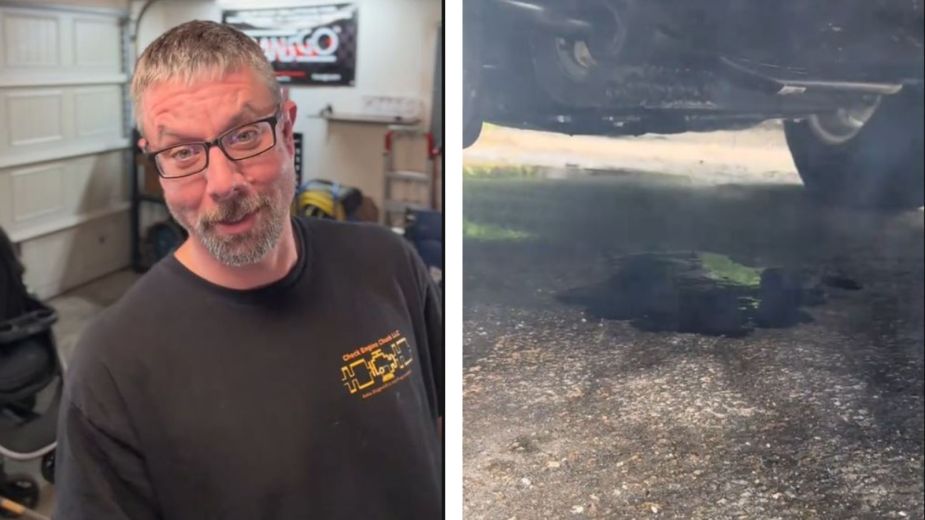 A split-screen image of a GM master technician on the left side sharing about an oil leak in a 2025 GMC Sierra, pictured on the right