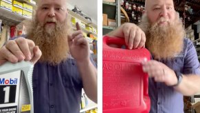 Auto Parts expert Chris with an oil quart and a gasoline can.