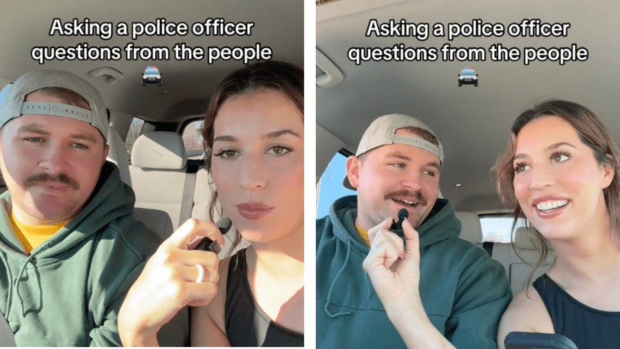 A woman asks a police officer questions