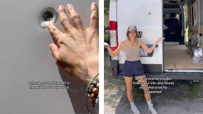 Van life TikToker points at a mysterious bullet hole in the back of a van.
