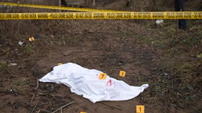 A crime scene in the woods with a body