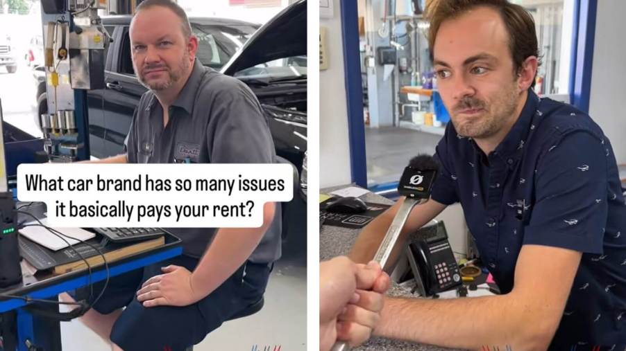 A split screen image of mechanics at Dartt Automotive talking about Jeep, Stellantis, and other brands' reliability.