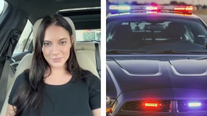 TikToker Saylor Britt (left) explains how her driver's license was suspended, with a closeup of a police cruiser (right)