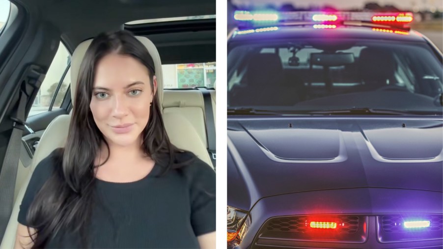 TikToker Saylor Britt (left) explains how her driver's license was suspended, with a closeup of a police cruiser (right)