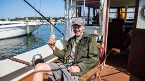 Florida man Michael Sterling aboard his replica 'Orca' in time for the 50th anniversary of 'Jaws.'