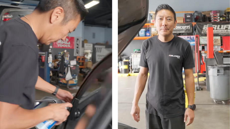 On the left a mechanic lubricates an electric door's frame, on the right he looks at the camera