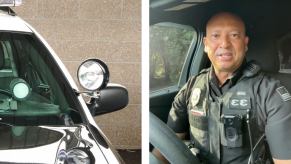 On the left a police car with radar to patrol for speeders, on the right a traffic cop Sroka talks to TikTok