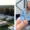 On the left, older RVs at a park, on right a woman sits on the steps of her recreational vehicle.