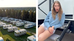 On the left, older RVs at a park, on right a woman sits on the steps of her recreational vehicle.