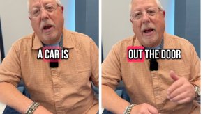 Ray Shefska, retired car salesman, sitting in his office and talking.