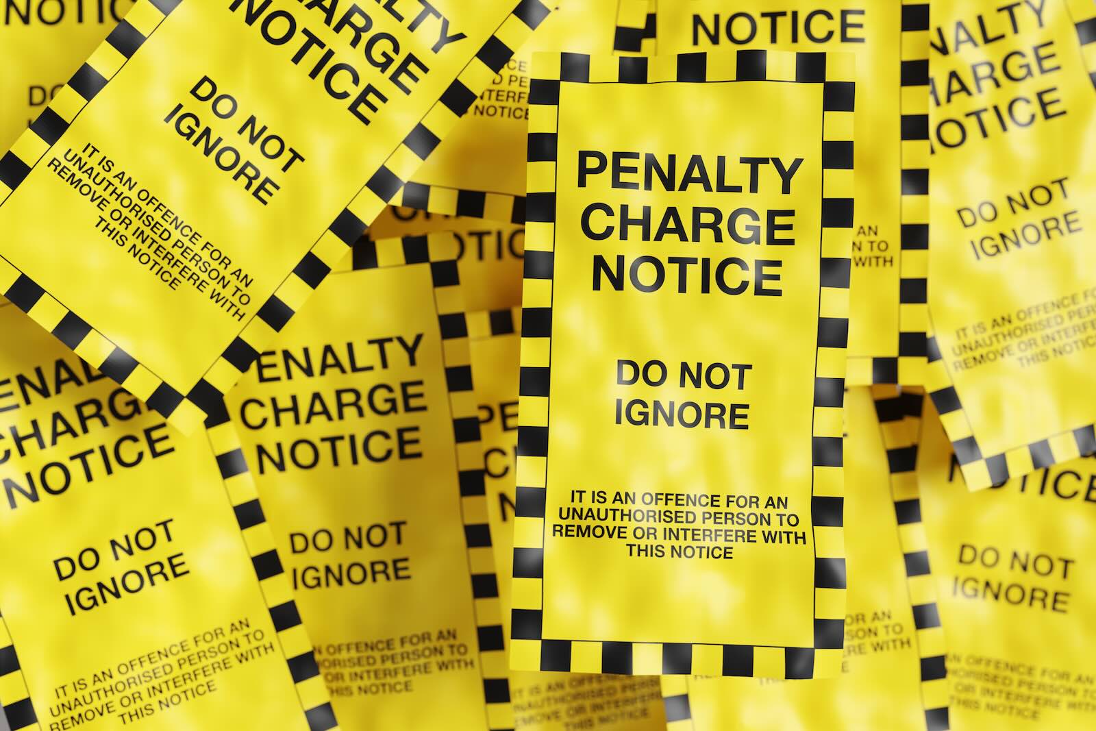 Stack of bright yellow tickets and fees on a stolen car in Oakland, California