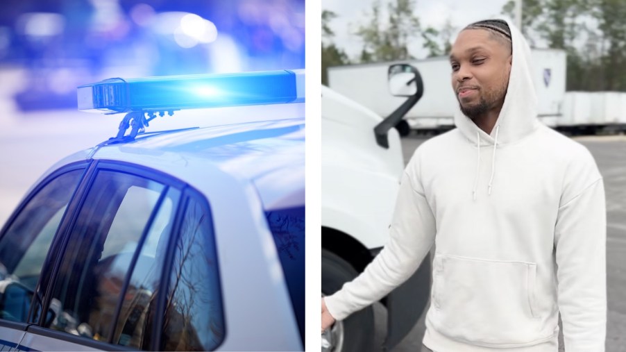 Collage with police car lights and truck driver telling story about accidental PIT maneuver to help police