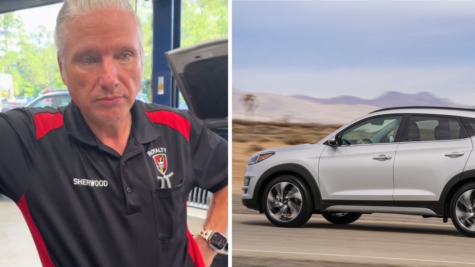 Left: Shop owner discusses car brands he would never drive / Right: 2021 Hyundai Tucson driving in left profile view