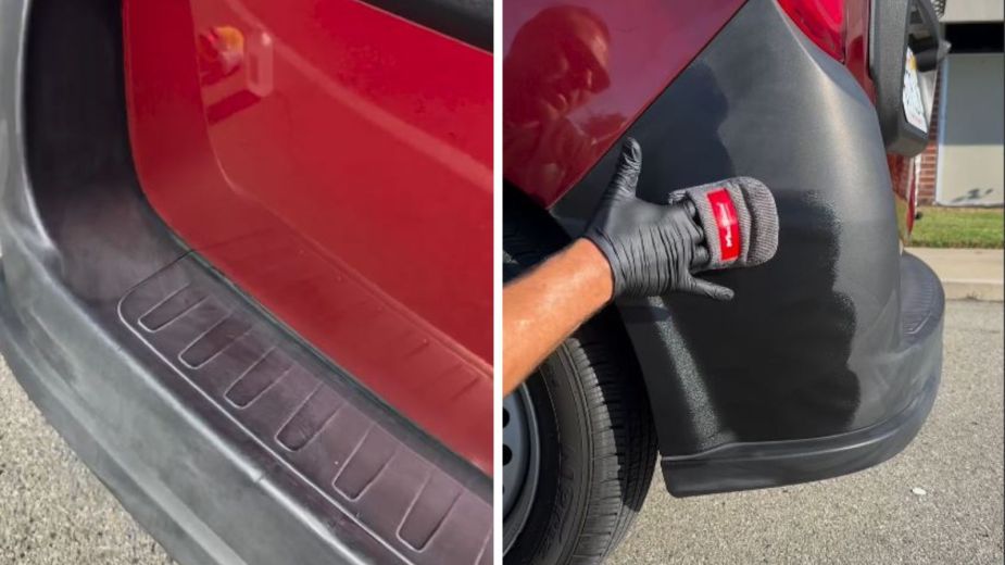 Left: A close-up of a car's faded rear bumper / Right: A pro car detailer restoring a bumper with a dyed product