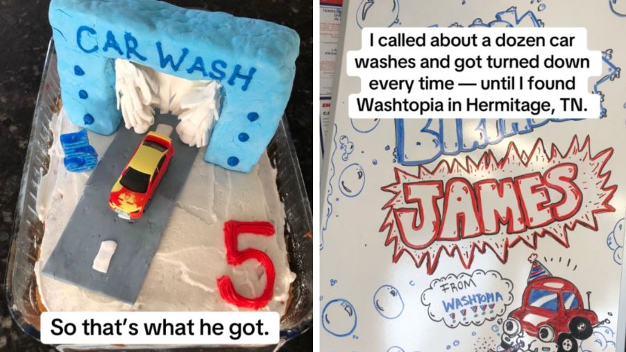 Left: A car wash birthday cake, Right: A hand-drawn Happy Birthday message on a dry-erase board