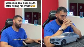 Left: Car dealer asking a buyer questions via phone, Right: Car dealer thinking at desk with image of a white Mercedes C300 floating in foreground