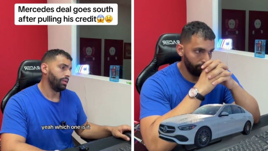 Left: Car dealer asking a buyer questions via phone, Right: Car dealer thinking at desk with image of a white Mercedes C300 floating in foreground