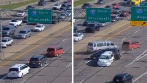 Screenshots of ODOT footage of a red minivan causing a pileup on Ohio's I-71