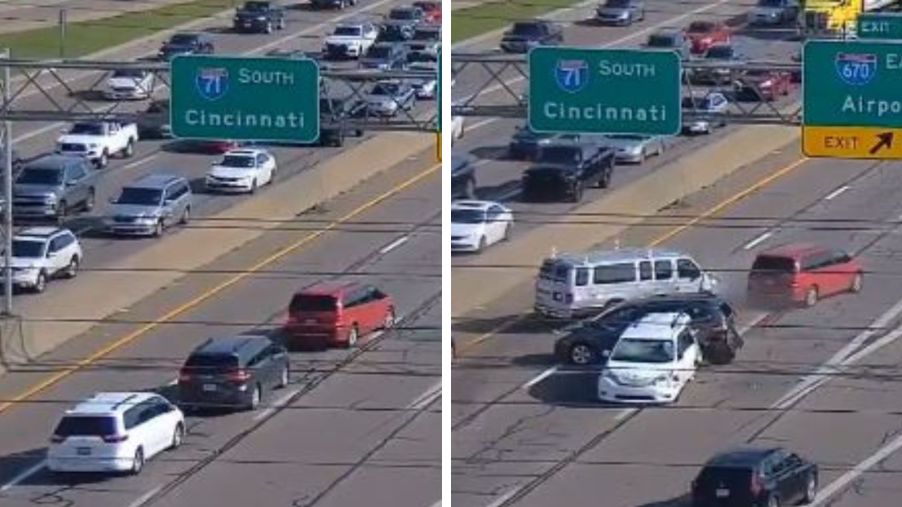 Screenshots of ODOT footage of a red minivan causing a pileup on Ohio's I-71