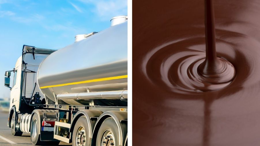 A split-image with a tanker truck on the left and chocolate syrup on the right