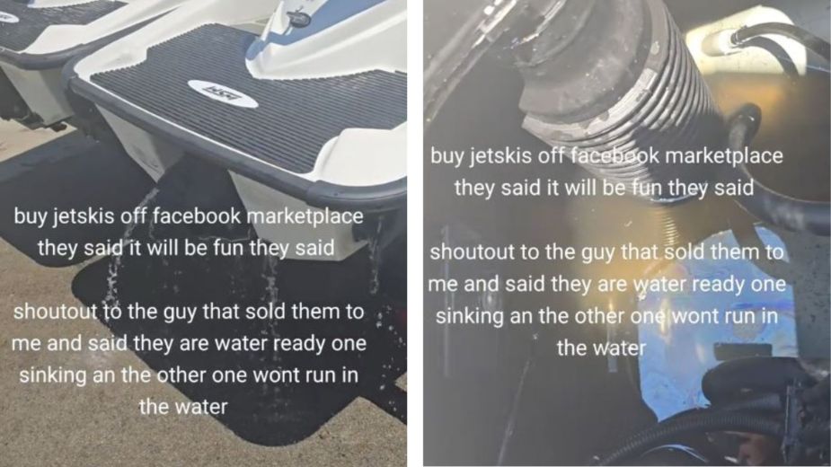 Left: a pair of jet ski models leaking water, Right: A Jet ski engine taking on water in close view