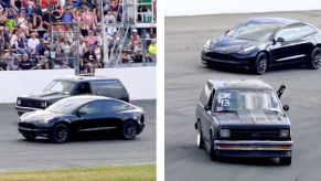 1985 Chevrolet Blazer t akes on Tesla Model S at short track drag race
