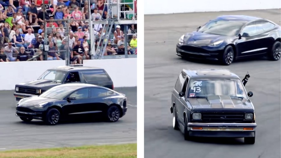 1985 Chevrolet Blazer t akes on Tesla Model S at short track drag race
