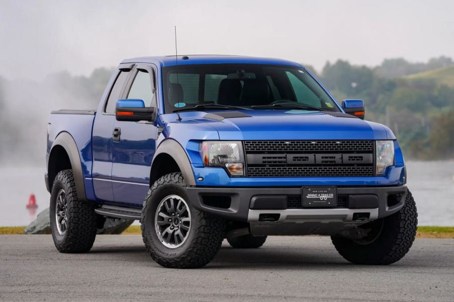 A blue 2010 Ford F-150 Raptor with the 5.4L V8 Triton engine known for timing chain issues