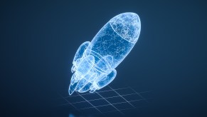 Blue schematics of a ship in outer space.