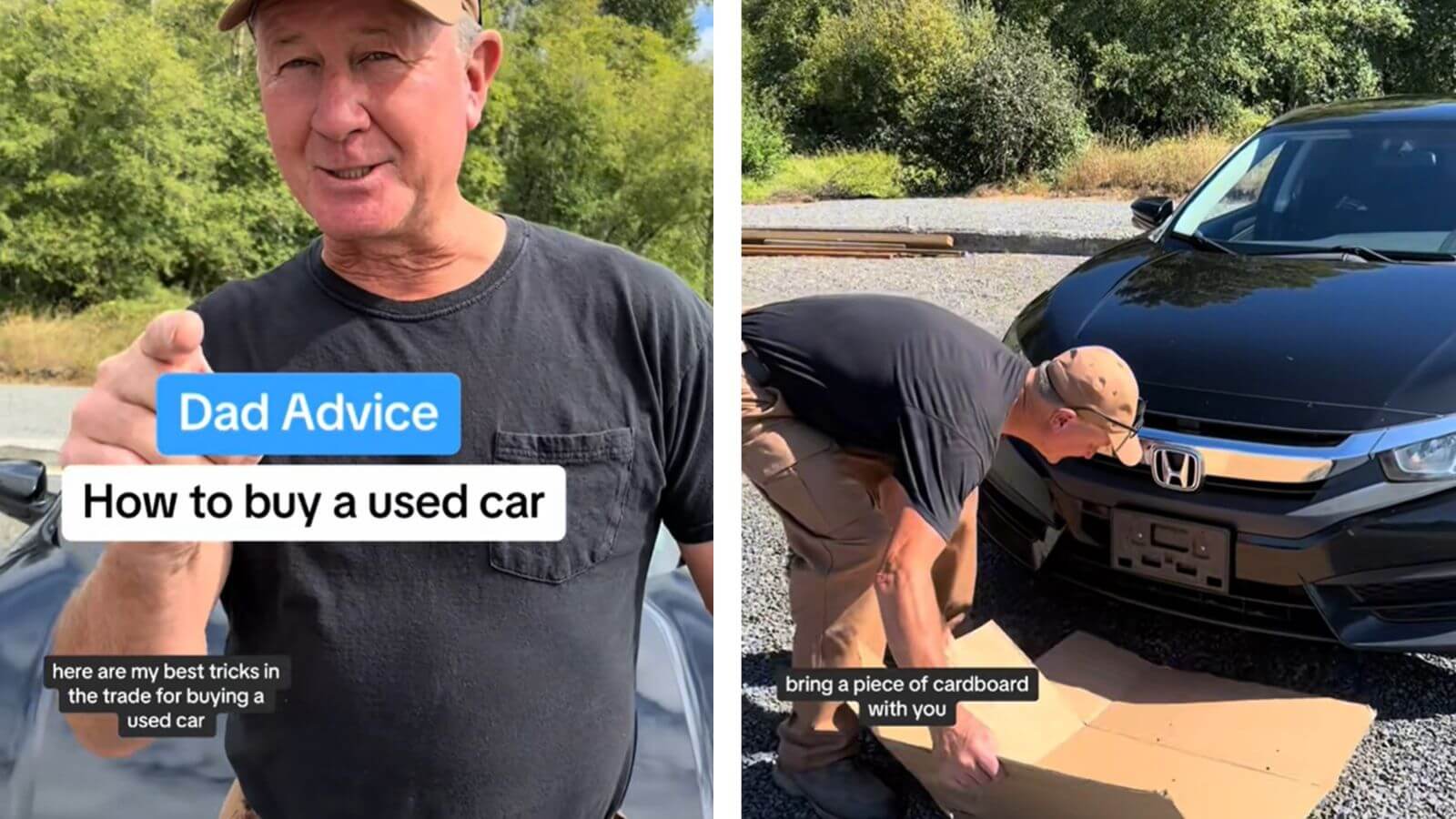 A split screen image shows TikTok user DadAdviceFromDad sharing advice on buying a used car.