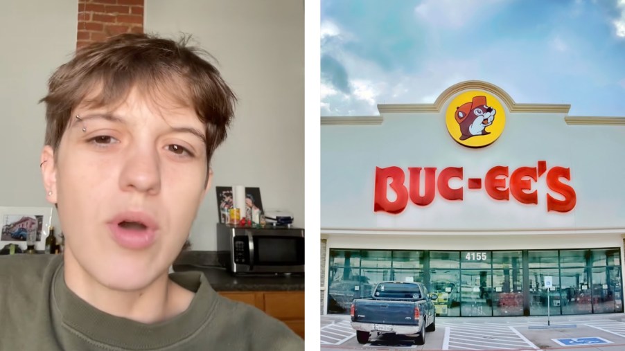 On the left, a TikToker discusses wages, on the right a Buc-ee's gas station and storefront.