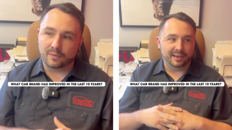 Mechanic sits in his office while describing the automaker with most improved reliability.