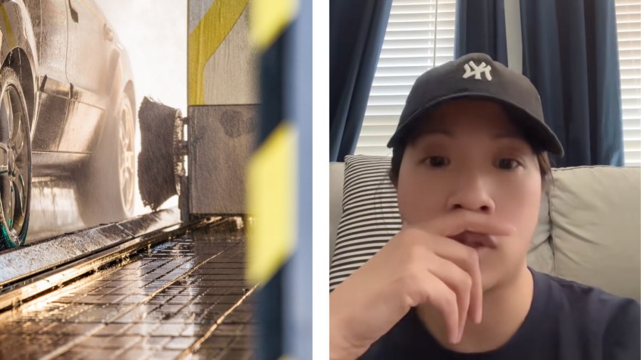 On the left, a car rolls through a car wash, on the left a TikToker tells the story of a crash at a facility